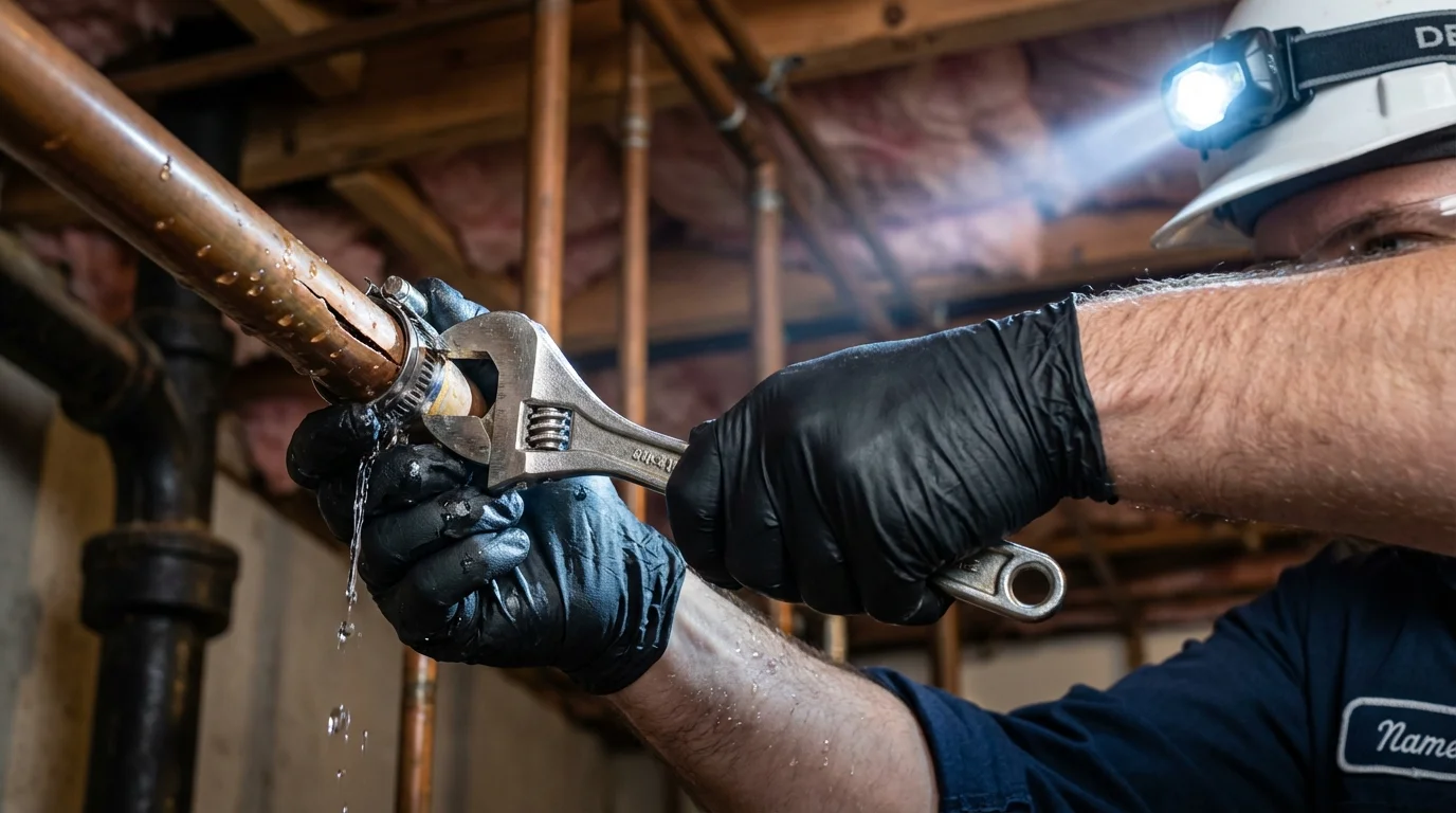 Emergency pipe clamp repair being performed by a Johns Plumbing LLC plumber in Bradford