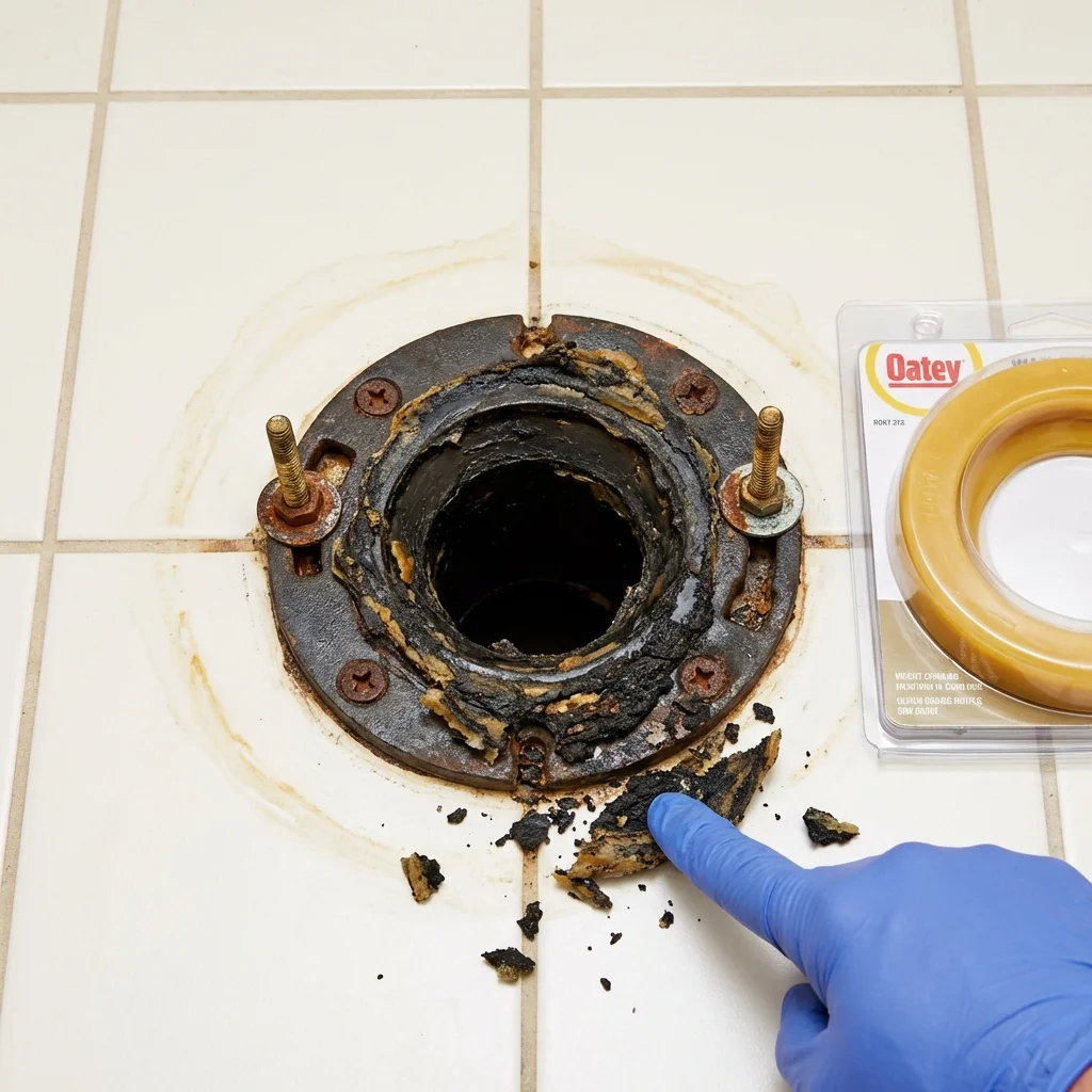 Failed wax ring showing water seepage at the base of a toilet in a Bradford, ME home