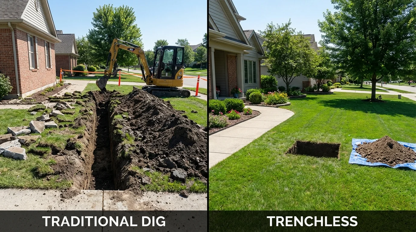 Trenchless sewer repair with minimal yard damage versus traditional excavation in Bradford, ME