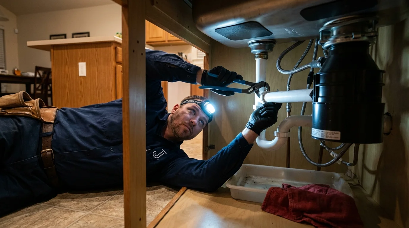 P-trap and supply line connections under a kitchen sink showing a common leak point in Bradford, ME